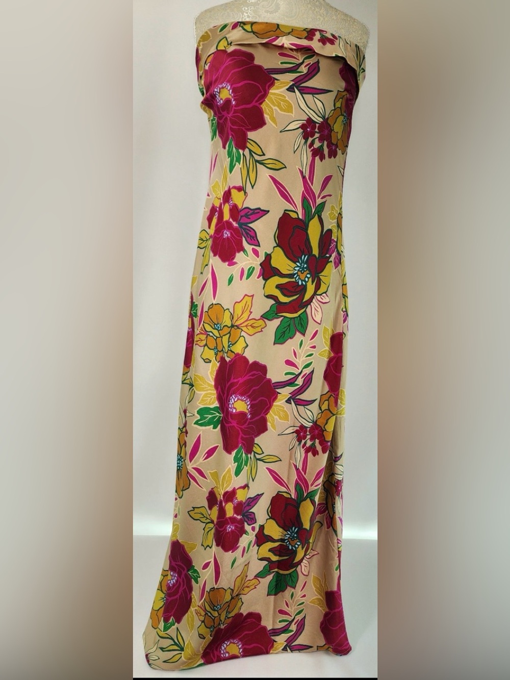 Sincerely Jules Beige Midi Dress with Pink, Yellow & Green Floral Print
